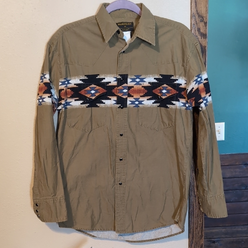 Rustler by Wrangler Olive Green Aztec Print Pearl Snap Shirt.